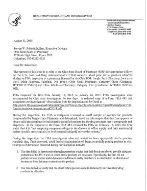Jungle Jim's Pharmacy, Fairfield, OH, Referral Letter to the Ohio State Board of Pharmacy Issued 08/11/2015