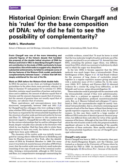 Erwin Chargaff and His ‘Rules’ for the Base Composition of DNA: Why Did He Fail to See the Possibility of Complementarity?