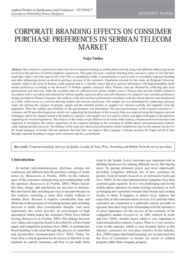 Corporate Branding Effects on Consumer Purchase Preferences in Serbian Telecom Market
