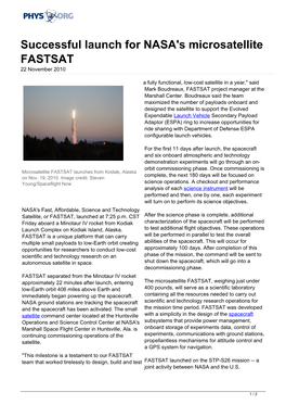 Successful Launch for NASA's Microsatellite FASTSAT 22 November 2010