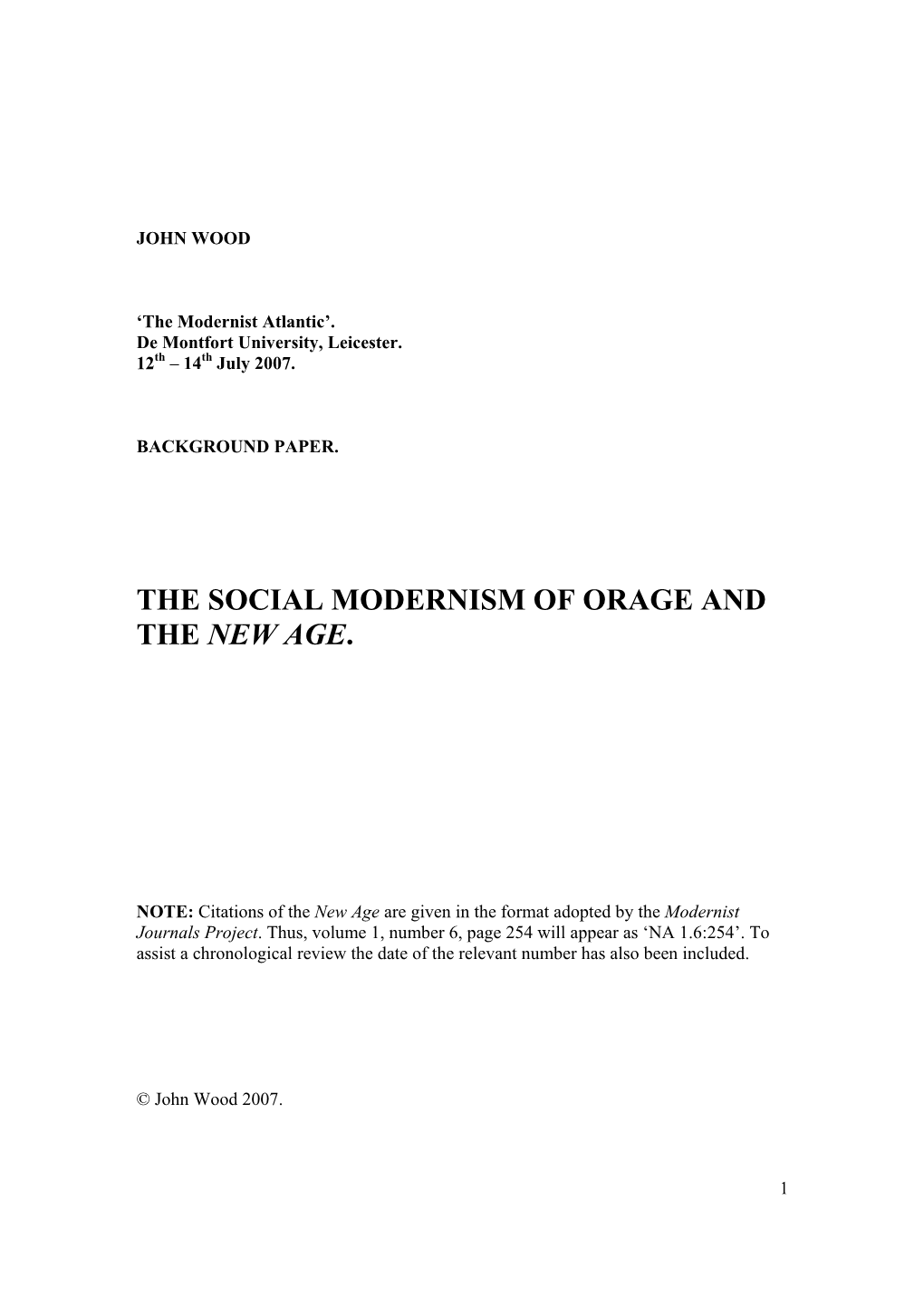 The Social Modernism of Orage and the New Age