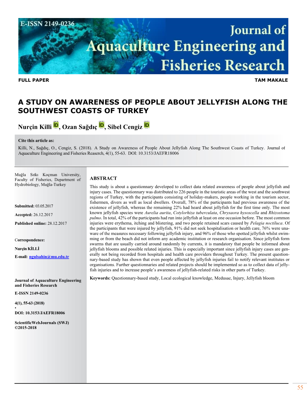 A Study on Awareness of People About Jellyfish Along the Southwest Coasts of Turkey