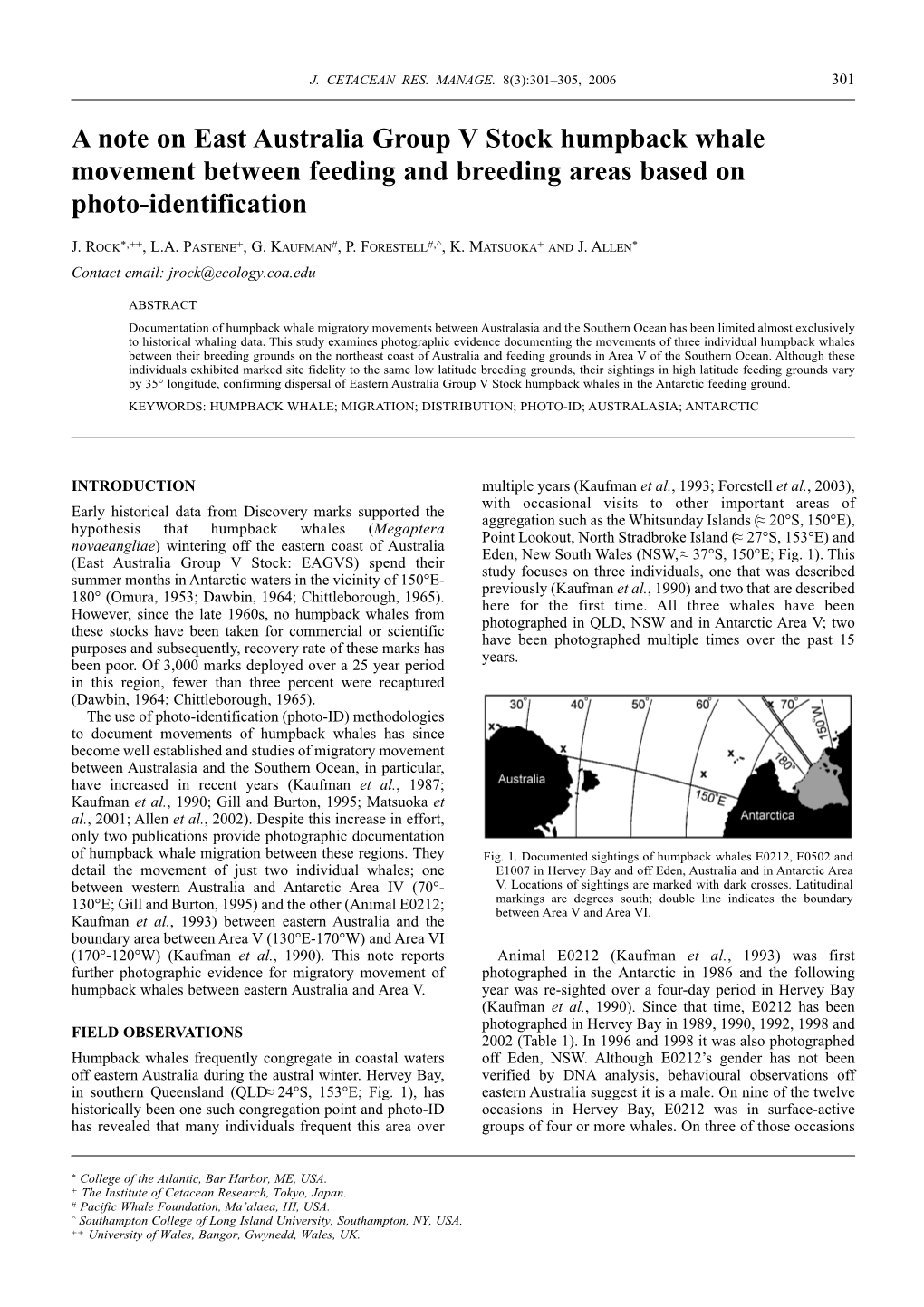 A Note on East Australia Group V Stock Humpback Whale Movement Between Feeding and Breeding Areas Based on Photo-Identification