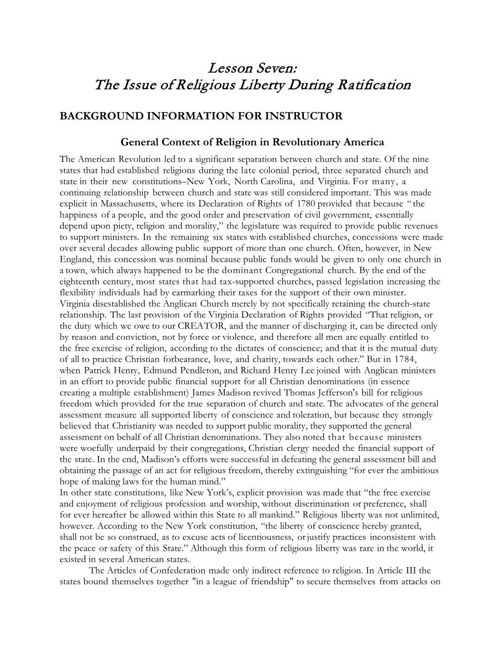Lesson Seven: the Issue of Religious Liberty During Ratification
