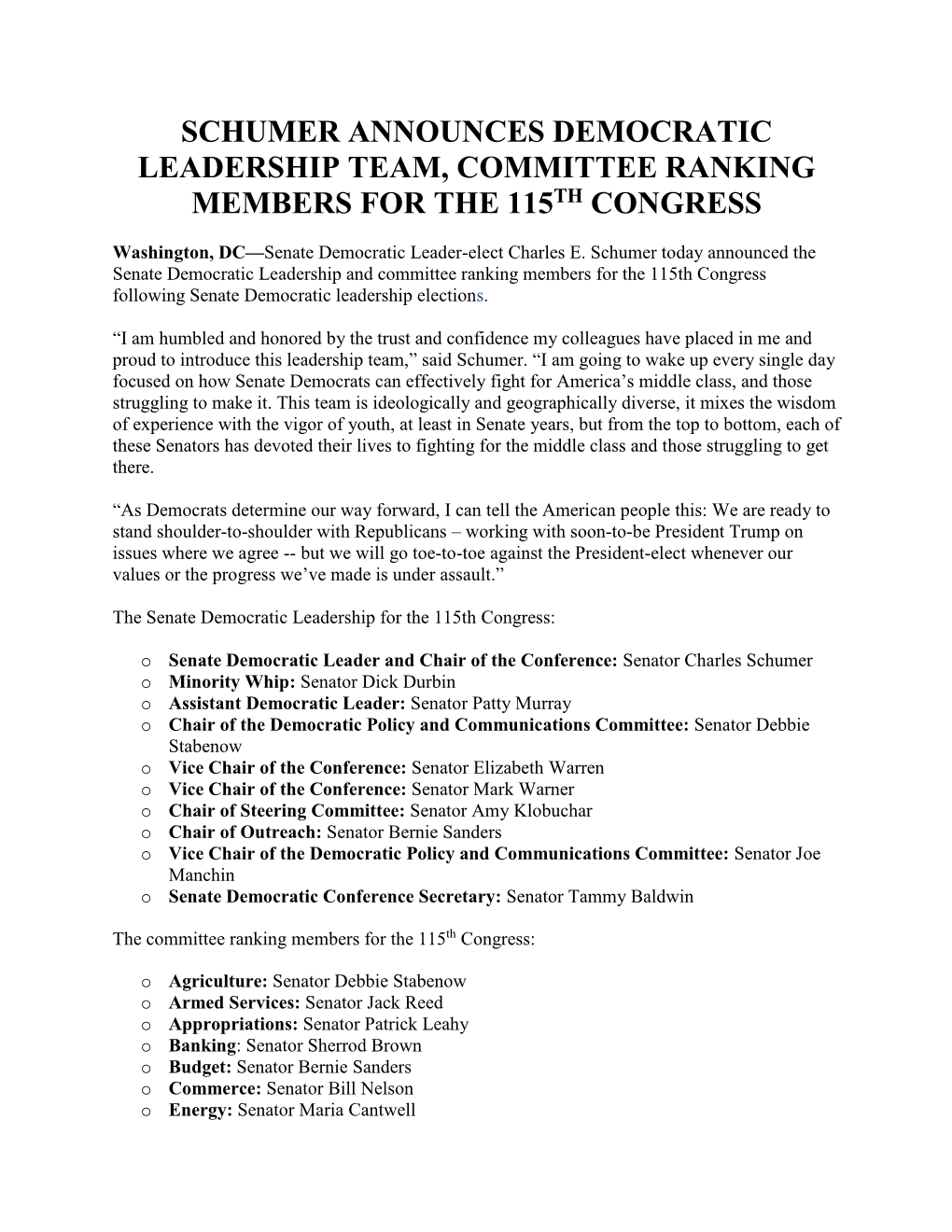 Schumer Announces Democratic Leadership Team, Committee Ranking Th Members for the 115 Congress