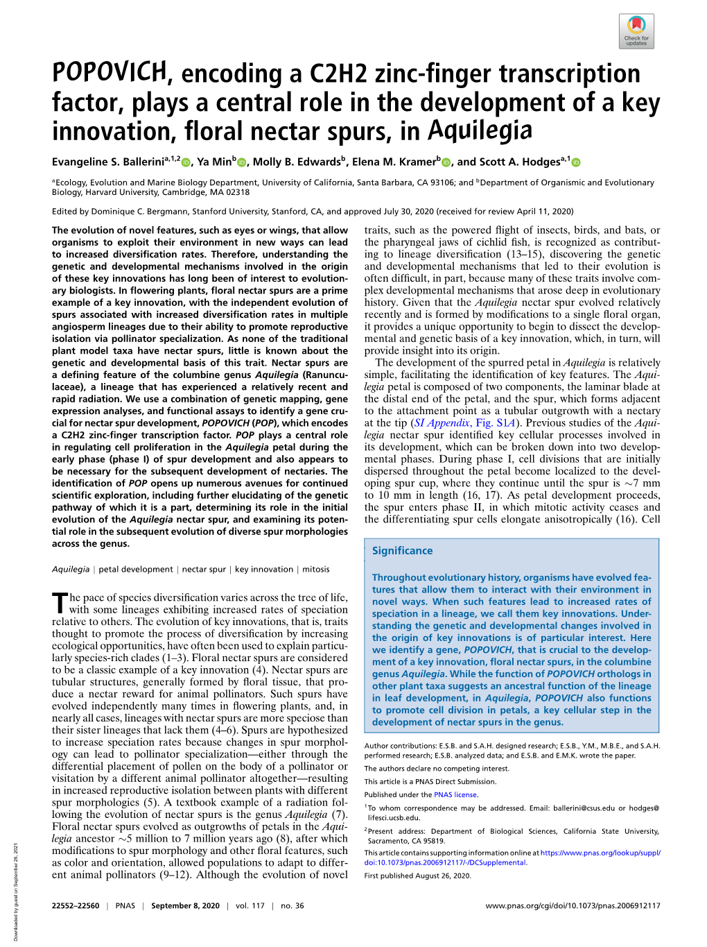 POPOVICH, Encoding a C2H2 Zinc-Finger Transcription Factor, Plays a Central Role in the Development of a Key Innovation, Floral