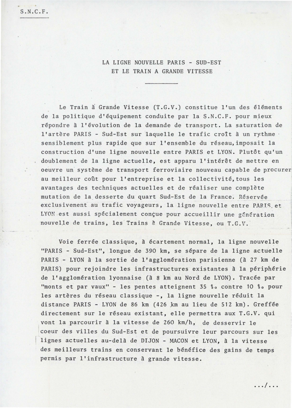 S.N.C.F. La Ligne Nouvelle Paris