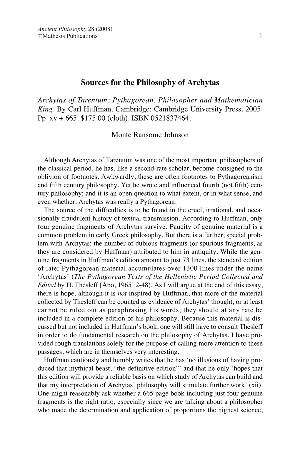 Sources for the Philosophy of Archytas