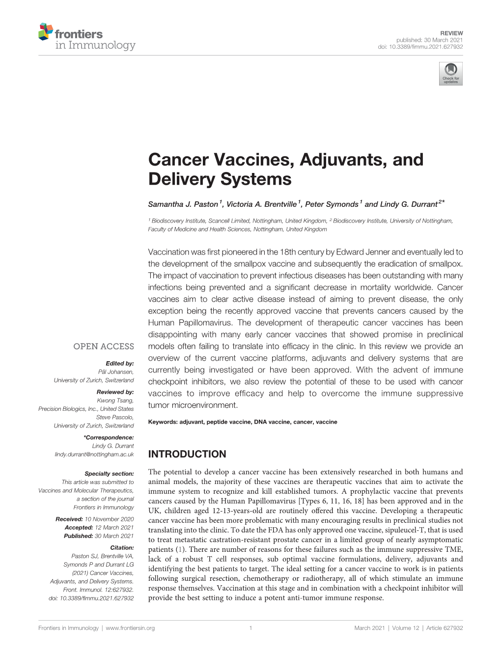 Cancer Vaccines, Adjuvants, and Delivery Systems