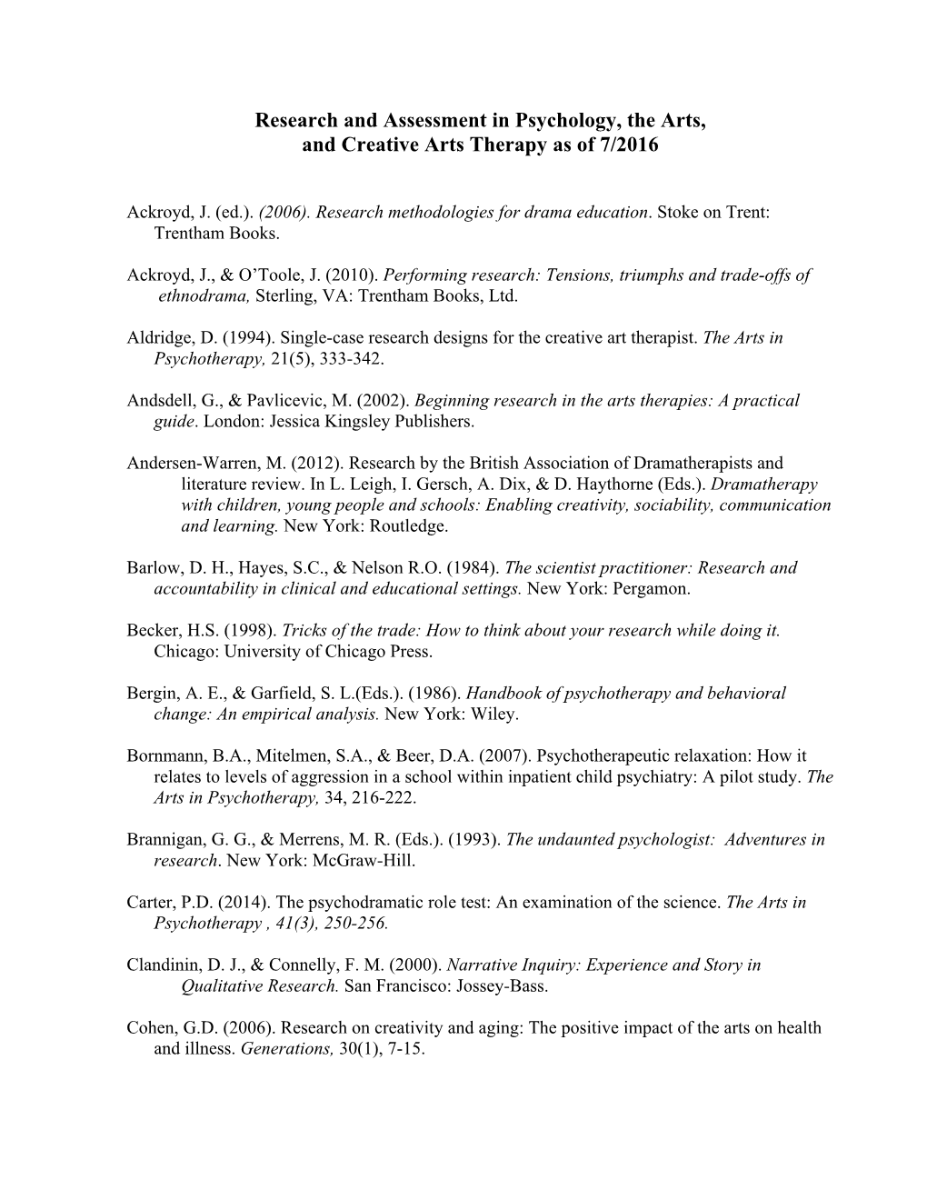 Research and Assessment in Psychology, the Arts, and Creative Arts Therapy As of 7/2016