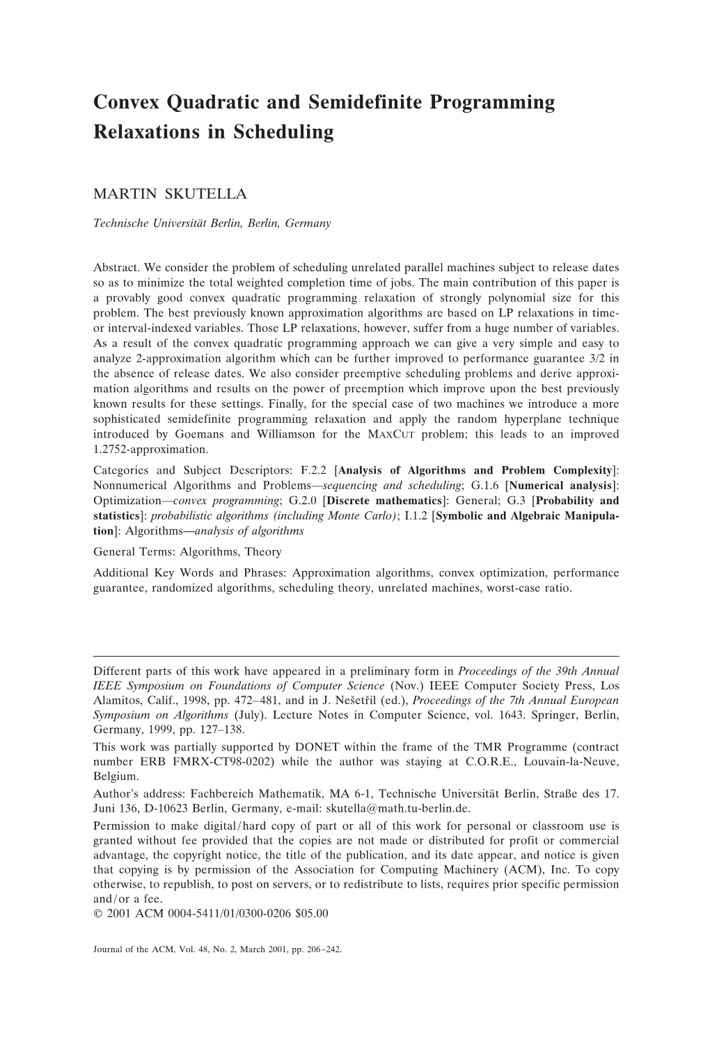 Convex Quadratic and Semidefinite Programming Relaxations in Scheduling