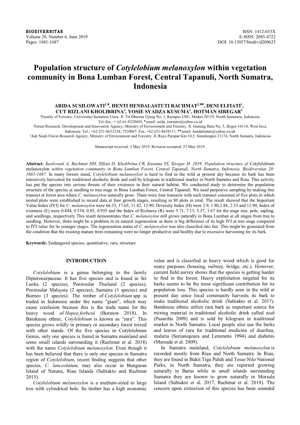 Population Structure of Cotylelobium Melanoxylon Within Vegetation Community in Bona Lumban Forest, Central Tapanuli, North Sumatra, Indonesia