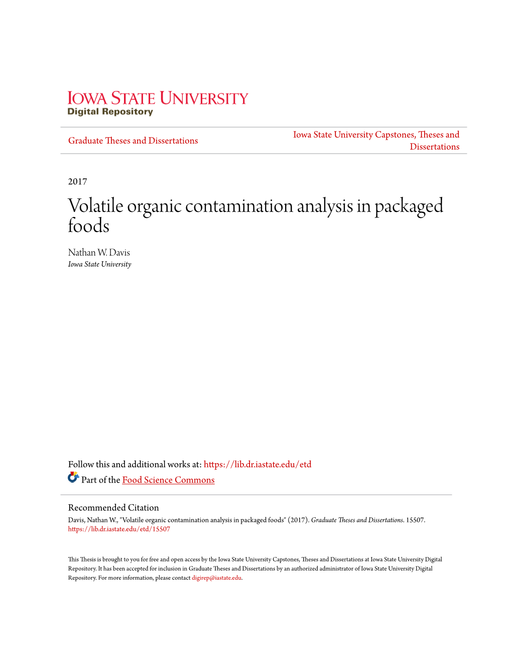 Volatile Organic Contamination Analysis in Packaged Foods Nathan W