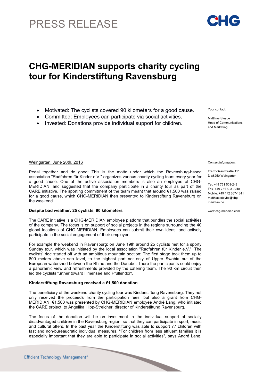 CHG-MERIDIAN Supports Charity Cycling Tour for Kinderstiftung Ravensburg