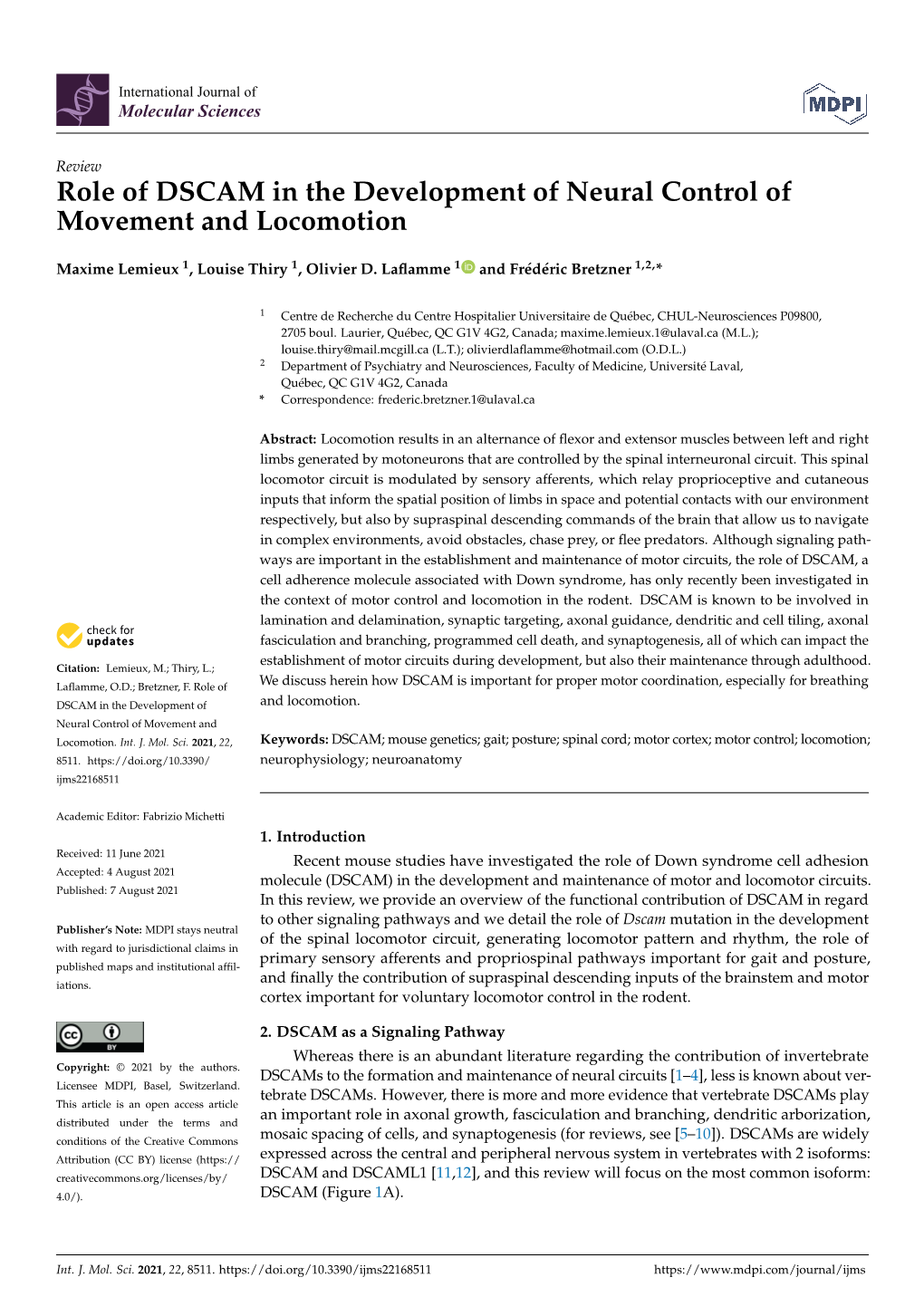 Role of DSCAM in the Development of Neural Control of Movement and Locomotion