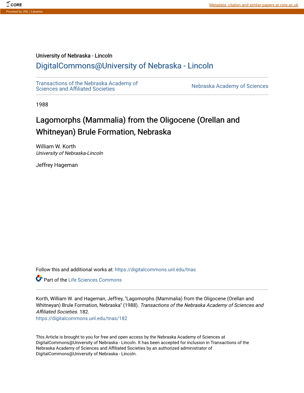 Lagomorphs (Mammalia) from the Oligocene (Orellan and Whitneyan) Brule Formation, Nebraska