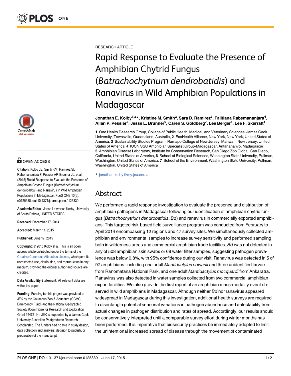 And Ranavirus in Wild Amphibian Populations in Madagascar