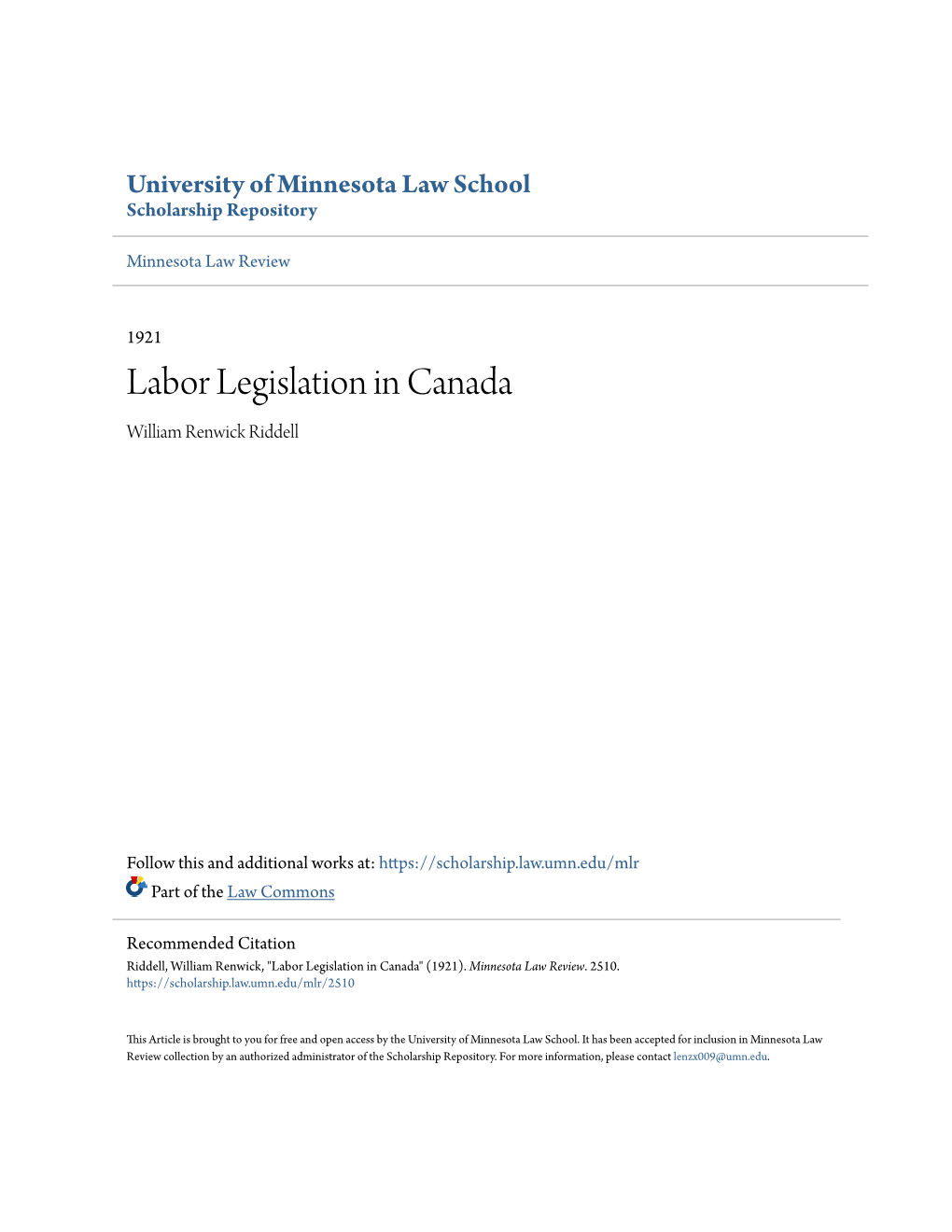 Labor Legislation in Canada William Renwick Riddell