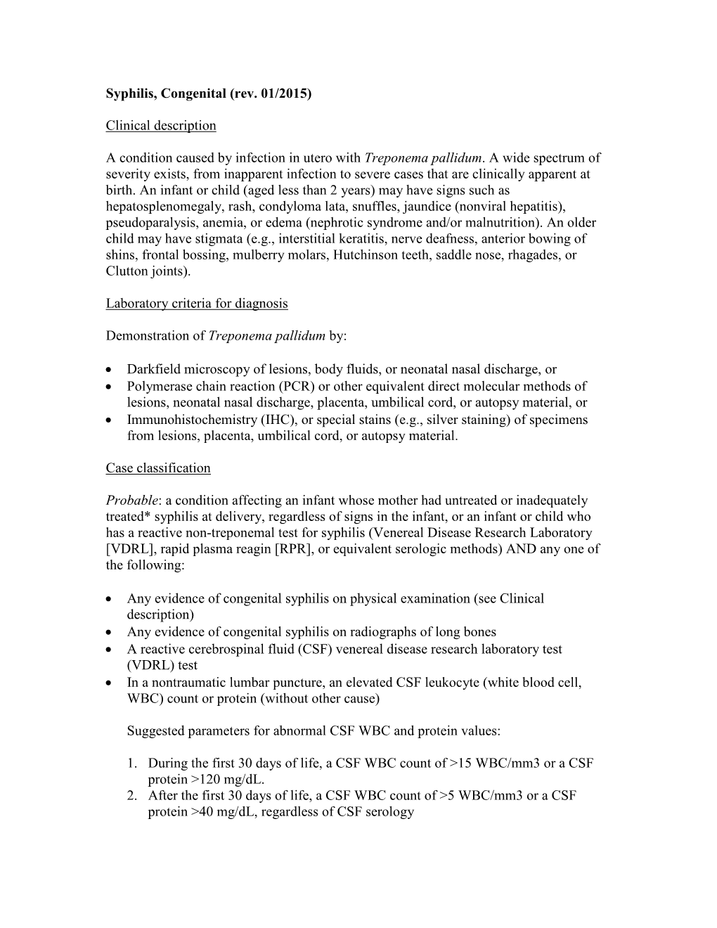 Congenital Syphilis Definitions