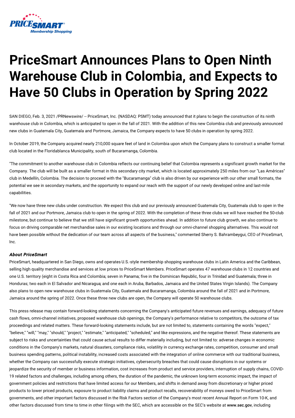 Pricesmart Announces Plans to Open Ninth Warehouse Club in Colombia, and Expects to Have 50 Clubs in Operation by Spring 2022