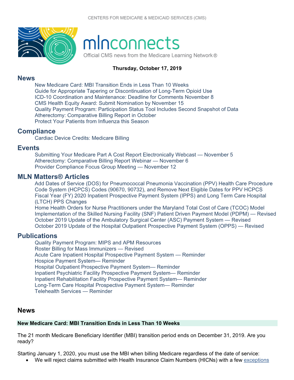 MLN Connects for Thursday, October 17, 2019