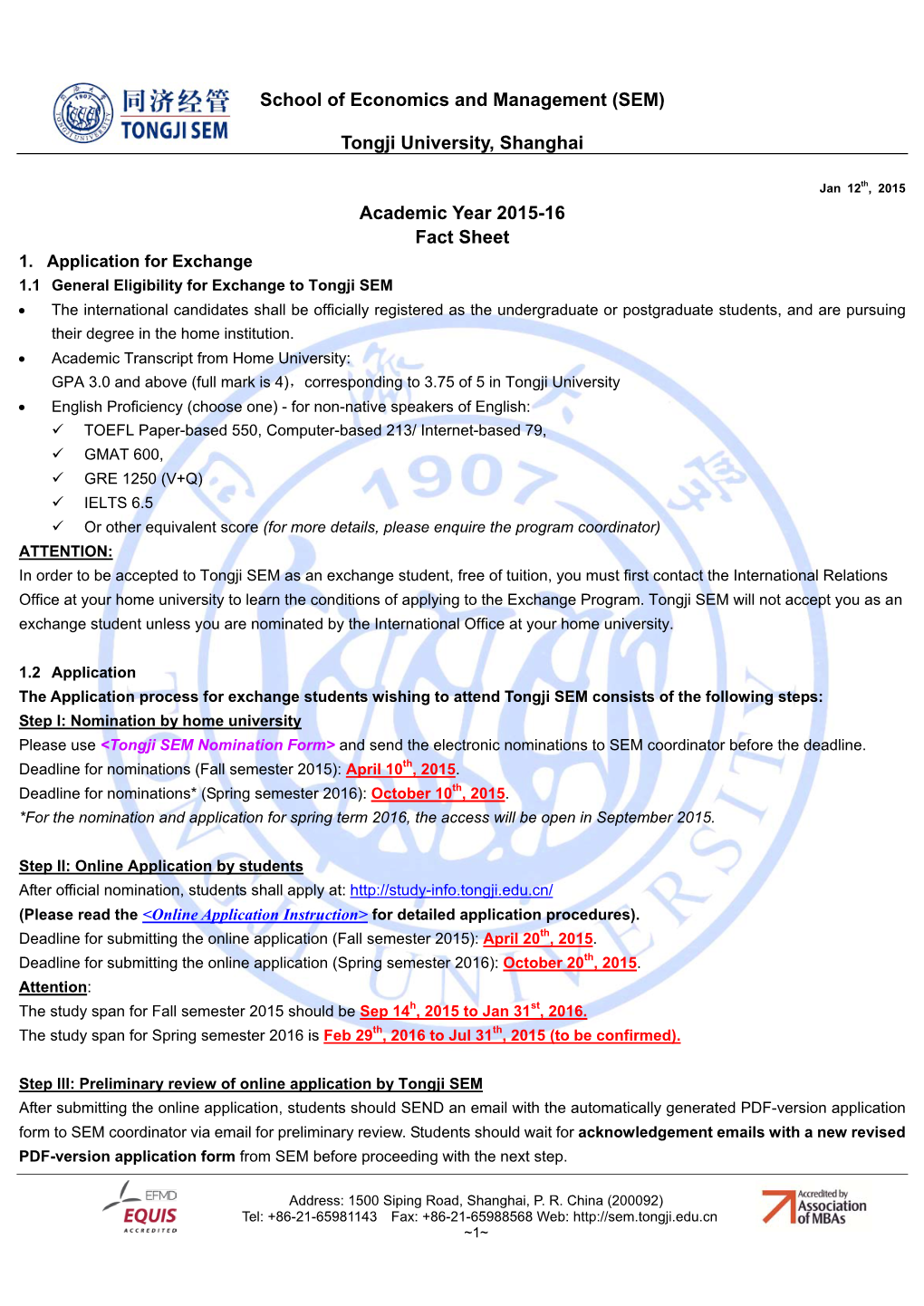 (SEM) Tongji University, Shanghai Academic Year 2015-16 Fact Sheet