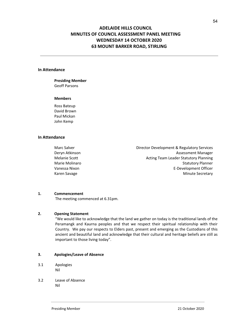 Adelaide Hills Council Minutes of Council Assessment Panel Meeting Wednesday 14 October 2020 63 Mount Barker Road, Stirling