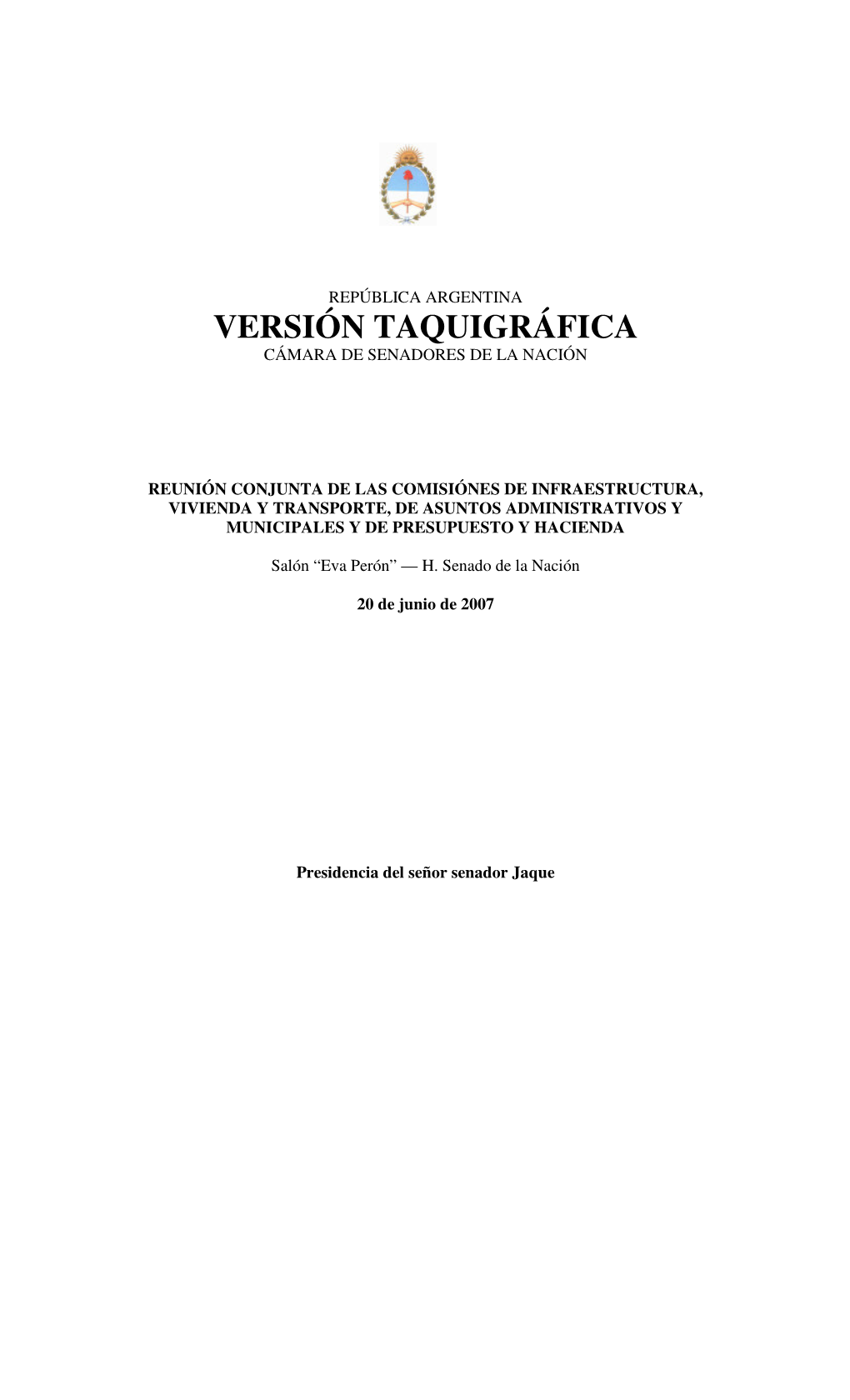 Versión Taquigráfica Cámara De Senadores De La Nación