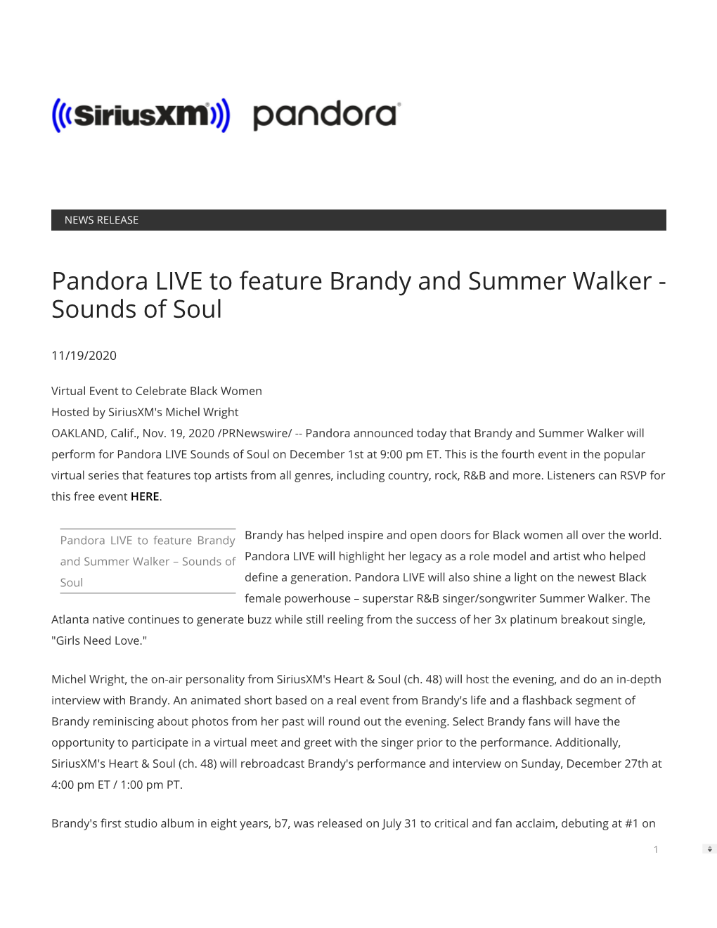 Pandora LIVE to Feature Brandy and Summer Walker - Sounds of Soul