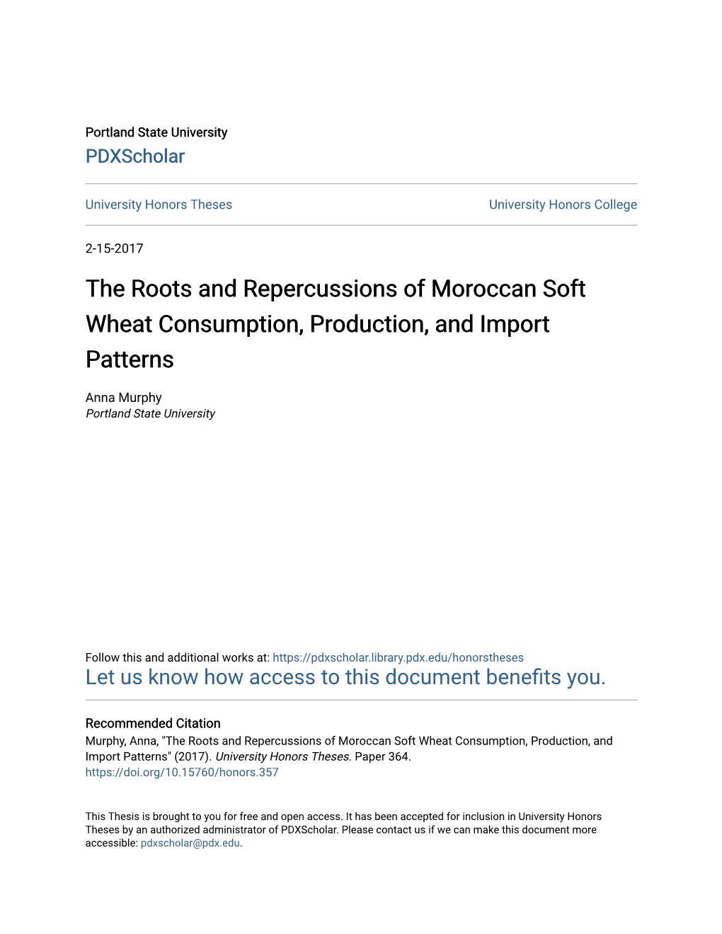 The Roots and Repercussions of Moroccan Soft Wheat Consumption, Production, and Import Patterns