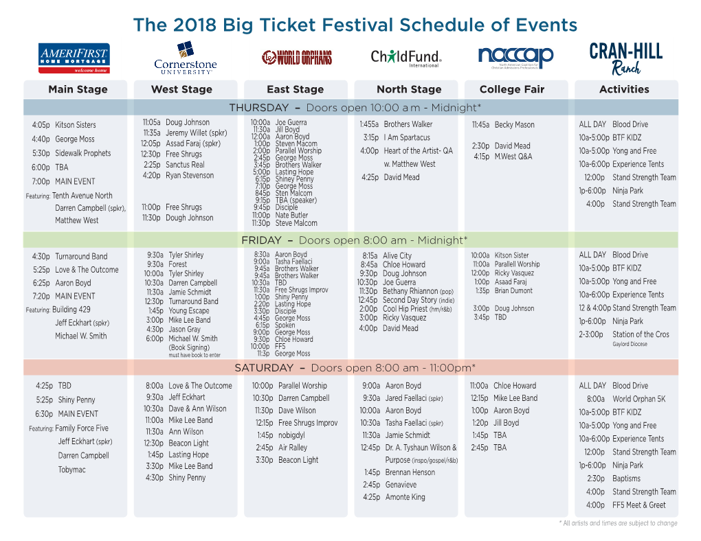 The 2018 Big Ticket Festival Schedule of Events