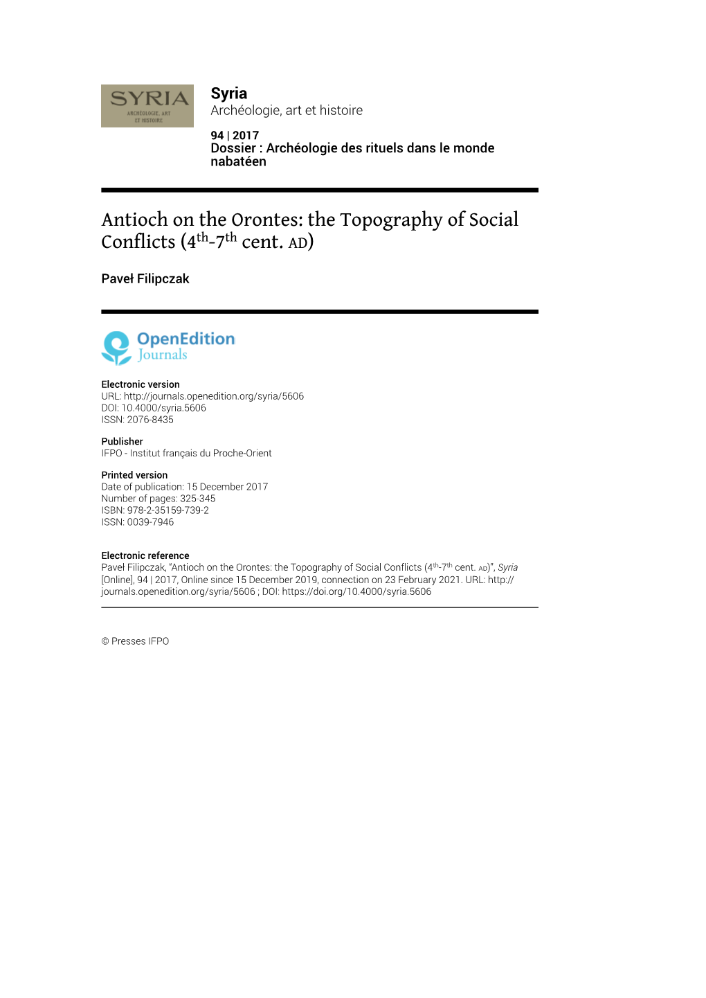 Antioch on the Orontes: the Topography of Social Conflicts (4Th-7Th Cent