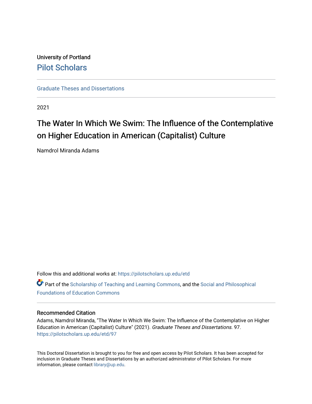 The Influence of the Contemplative on Higher Education in American (Capitalist) Culture