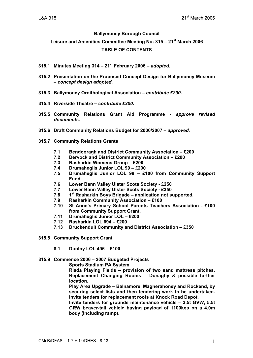 Ballymoney Borough Council Leisure and Amenities Committee Meeting No: 315 – 21St March 2006 TABLE of CONTENTS