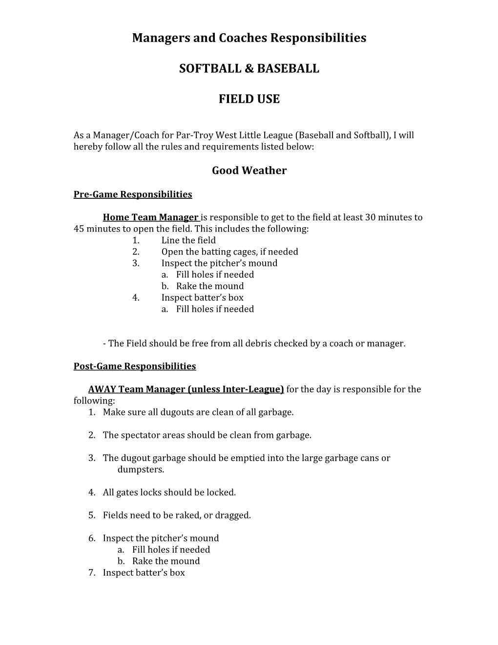 Managers and Coaches Responsibilities SOFTBALL