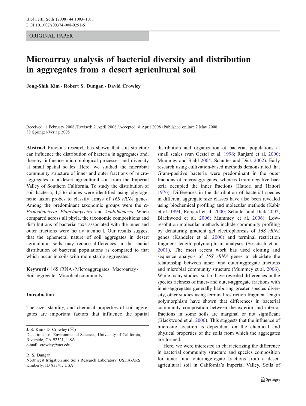 Microarray Analysis of Bacterial Diversity and Distribution in Aggregates from a Desert Agricultural Soil