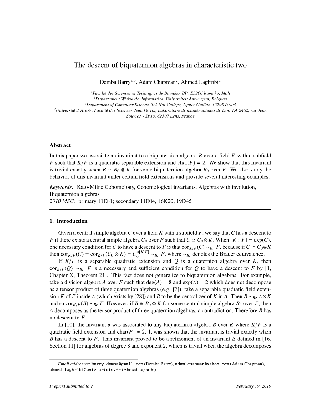 The Descent of Biquaternion Algebras in Characteristic Two