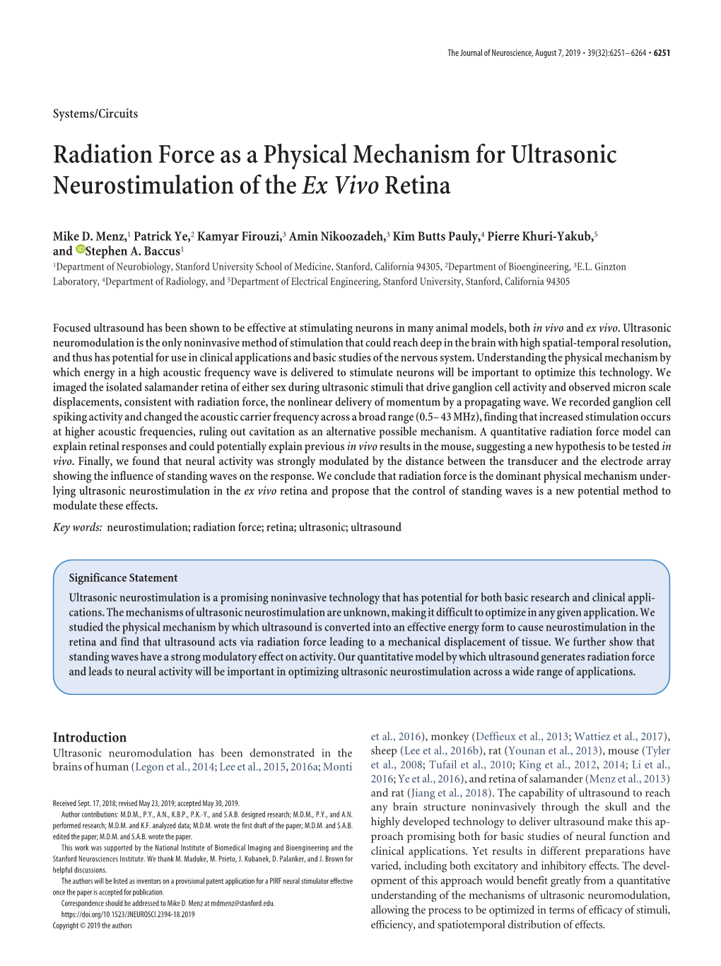 Radiation Force As a Physical Mechanism for Ultrasonic Neurostimulation of the Ex Vivo Retina