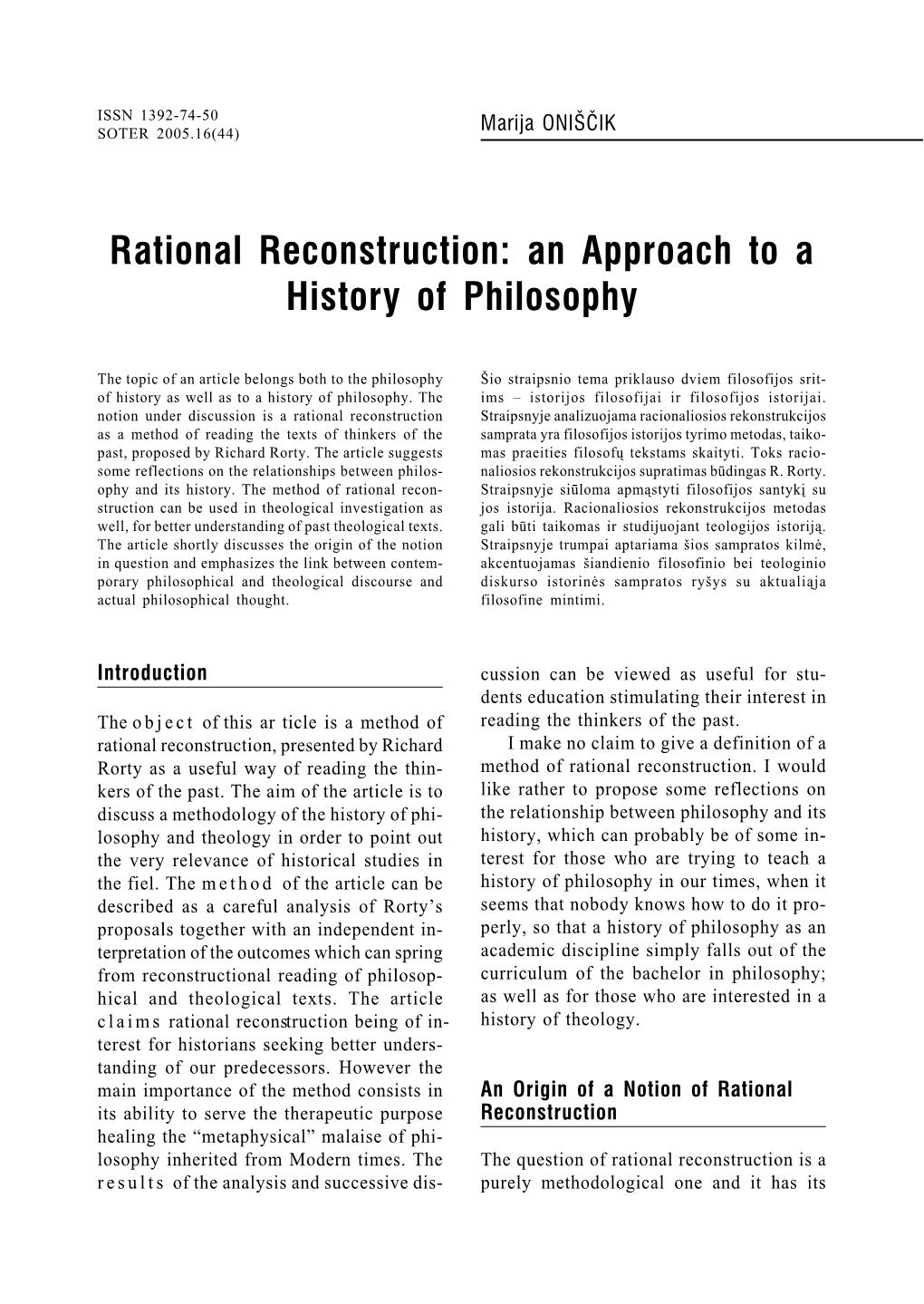 Rational Reconstruction: an Approach to a History of Philosophy