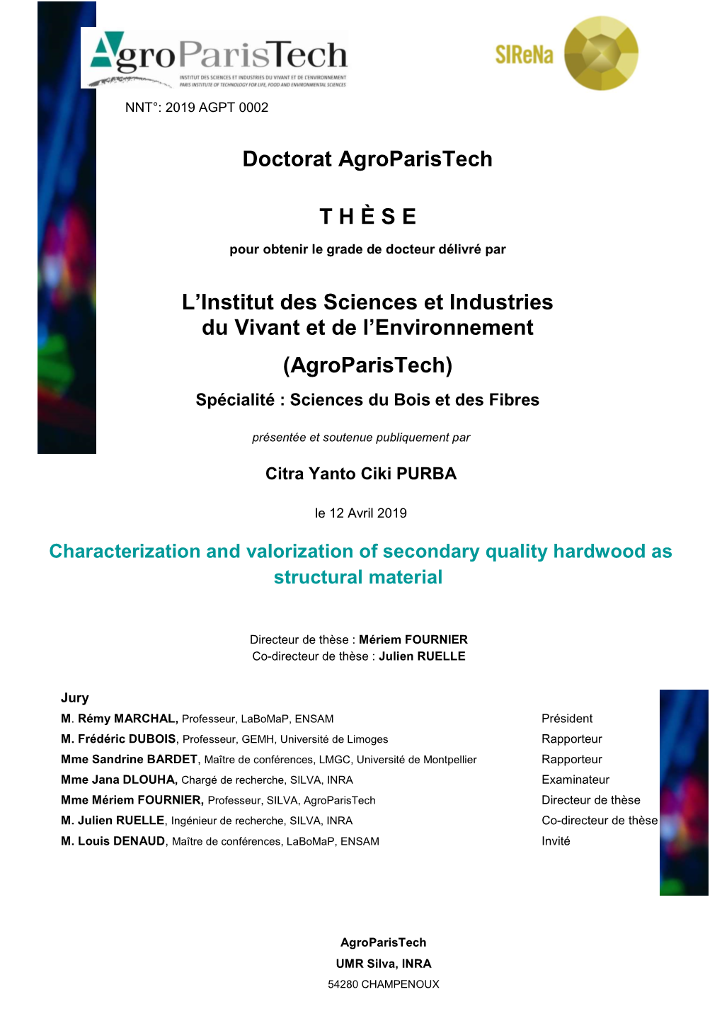 Doctorat Agroparistech T H È S E L'institut Des Sciences Et Industries Du Vivant Et De L'environnement (Agroparistech)