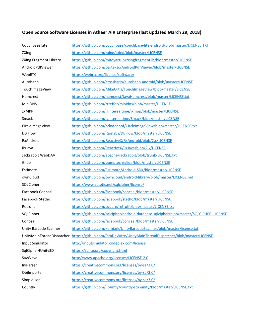 Open Source Software Licenses in Atheer Air Enterprise (Last Updated March 29, 2018)