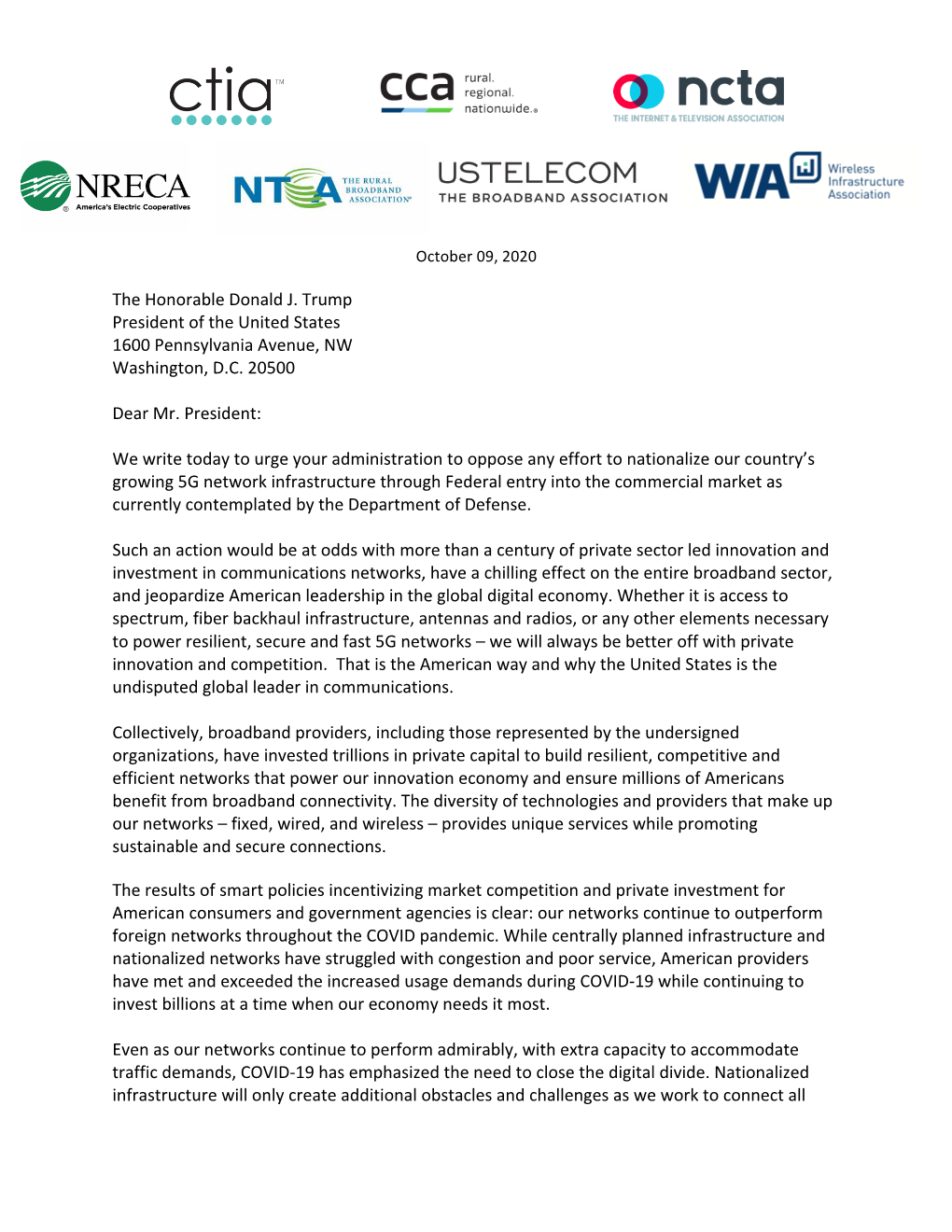 10.9.2020 Multiassociation 5G Letter to White House