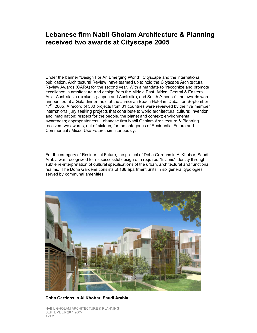 Nabil Gholam Architecture & Planning Is Proud to Announce Its Two Awards at Cityscape 2005