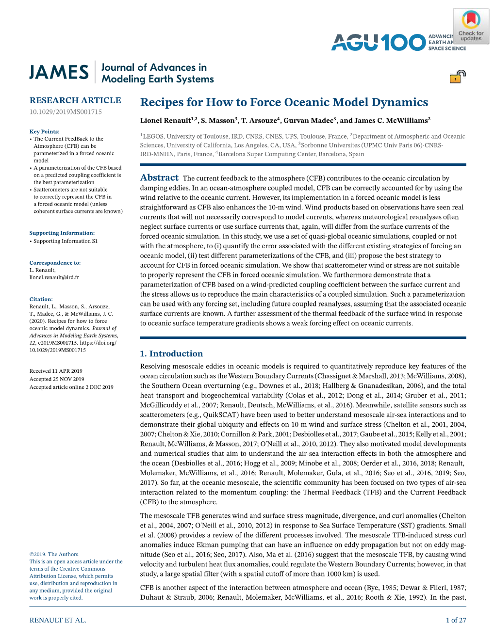 Recipes for How to Force Oceanic Model Dynamics 10.1029/2019MS001715 Lionel Renault1,2, S