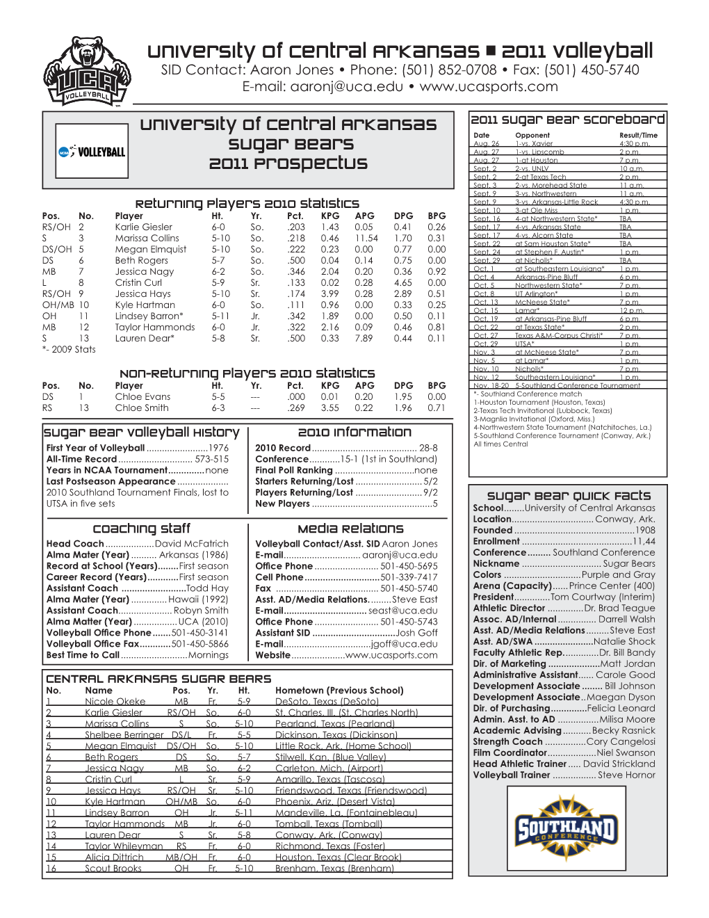 University of Central Arkansas • 2011 Volleyball SID Contact: Aaron Jones • Phone: (501) 852-0708 • Fax: (501) 450-5740 E-Mail: Aaronj@Uca.Edu •