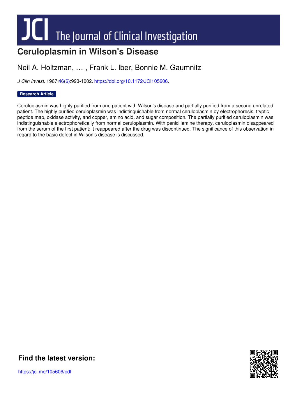 Ceruloplasmin in Wilson's Disease