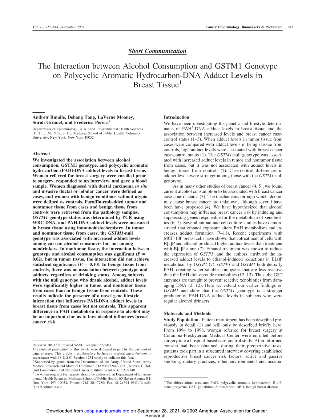 The Interaction Between Alcohol Consumption and GSTM1 Genotype on Polycyclic Aromatic Hydrocarbon-DNA Adduct Levels in Breast Tissue1