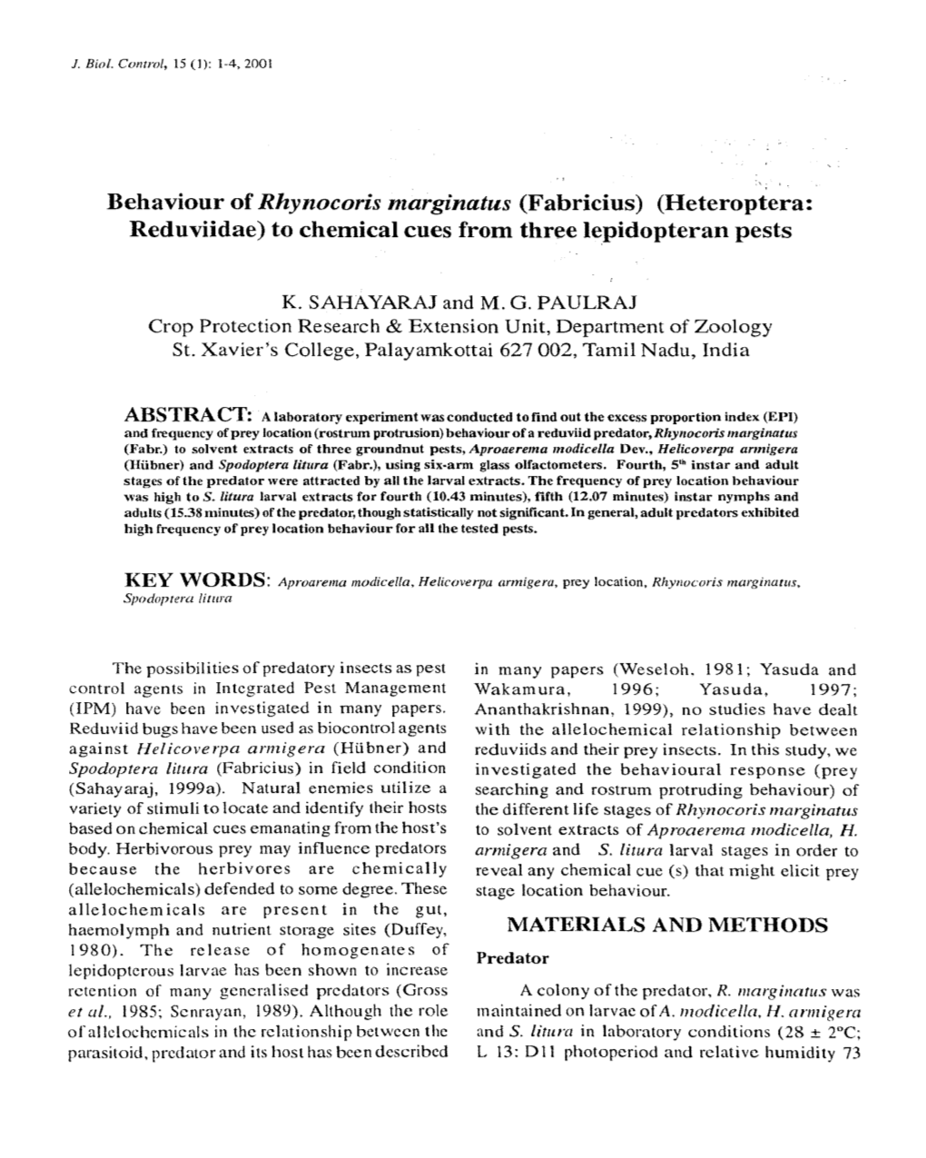 Behaviour of Rhynocoris Marginatus (Fabricius) (Heteroptera: Reduviidae) to Chemical Cues from Three Lepidopteran Pests