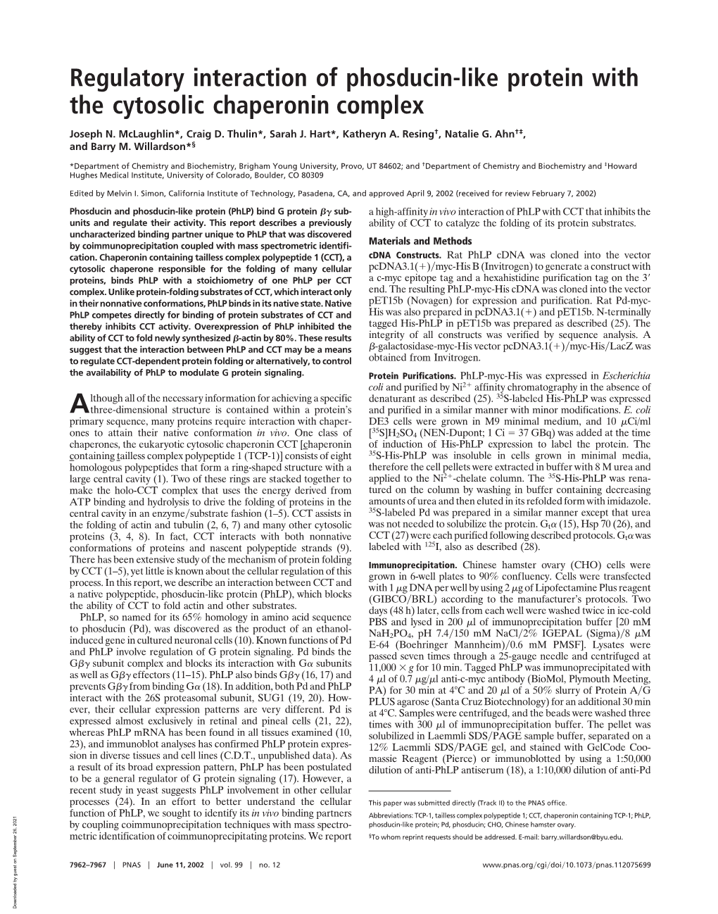 Regulatory Interaction of Phosducin-Like Protein with the Cytosolic Chaperonin Complex