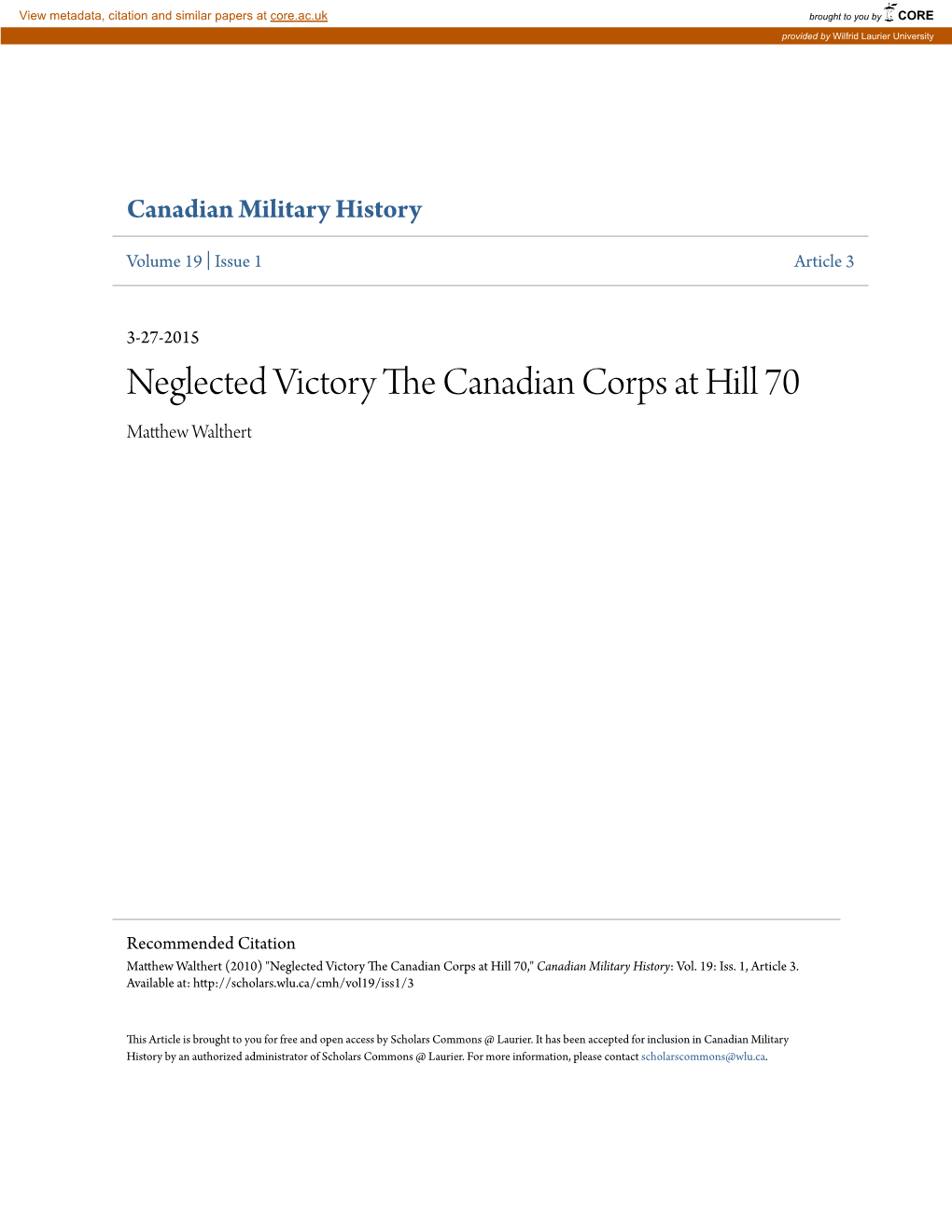 Neglected Victory the Canadian Corps at Hill 70 Neglected Victory the Canadian Corps at Hill 70
